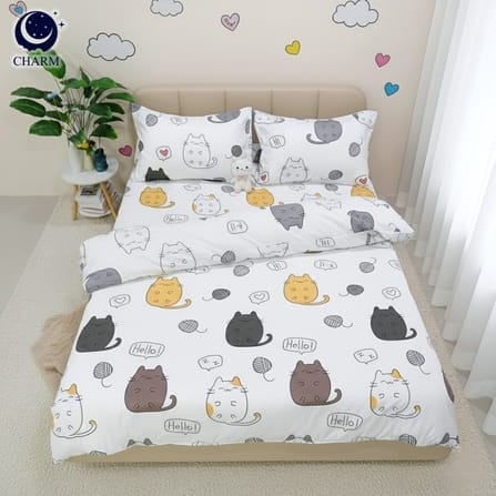 CHARM ชุดผ้าปูที่นอน + ผ้านวม 6 ฟุต 6 ชิ้น ลาย CHUBBY CAT คอลเลคชั่น DREAMY_0